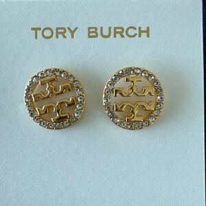 Tory Burch Gold Plated and Crystal Logo Earrings